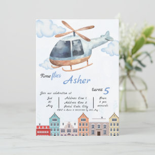 Invitation Hélicoptère Aquarelle Bleu Personnalisé Anniversai