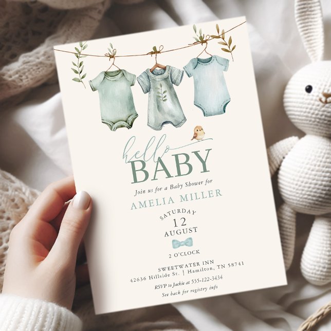 Invitation Hello Baby Boy Clothesline Boho Baby Shower (Hello Baby Boy Clothesline Boho Baby Shower Invitation)