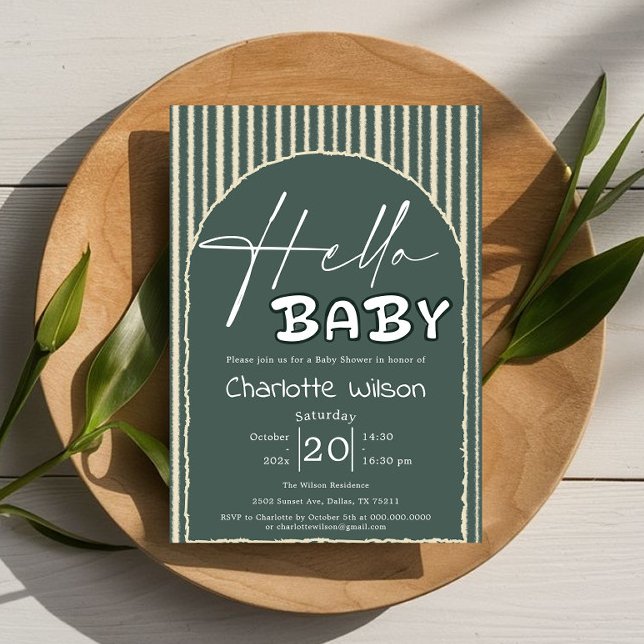 Invitation Hello Baby Dark Green Stripes Baby Shower (Créateur téléchargé)