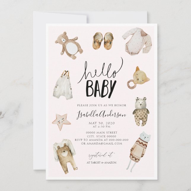 Invitation Hello Baby Girl Boho Baby shower d'aquarelle rose (Devant)