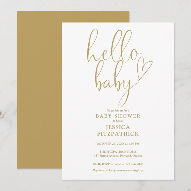 Invitation Hello Baby Gold Heart Baby shower de script (Devant / Derrière)
