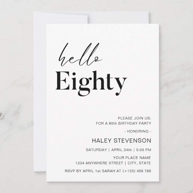 Invitation Hello Eighty Modern Chic minimalist 80e anniversai (Devant)