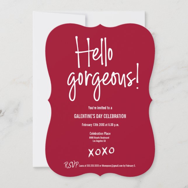 Invitation Hello gorgeous Galentine's Day xoxo Red custom (Devant)