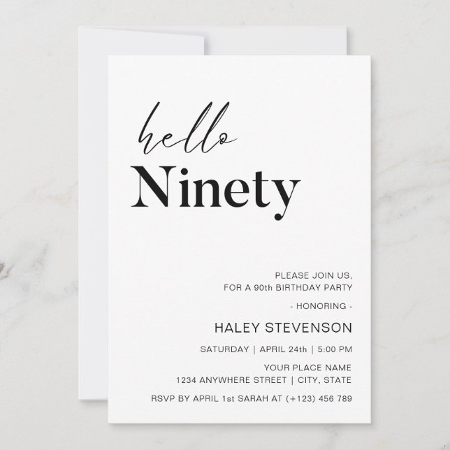 Invitation Hello Ninety Modern Chic minimalist 90e anniversai (Devant)