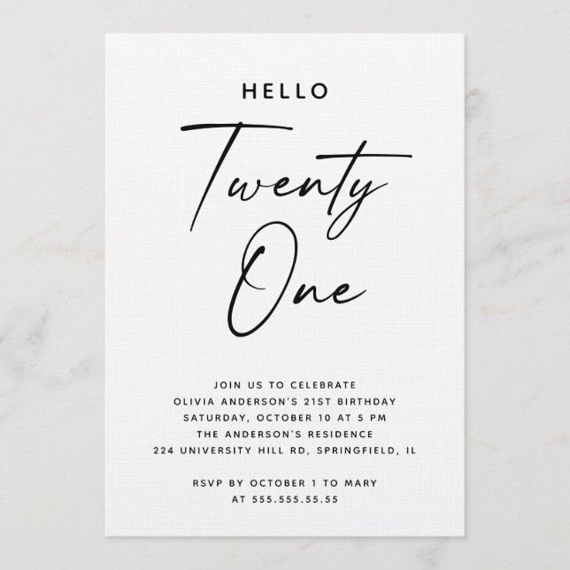 Invitation Hello Twenty One | Modern Script 21st Birthday (Devant)