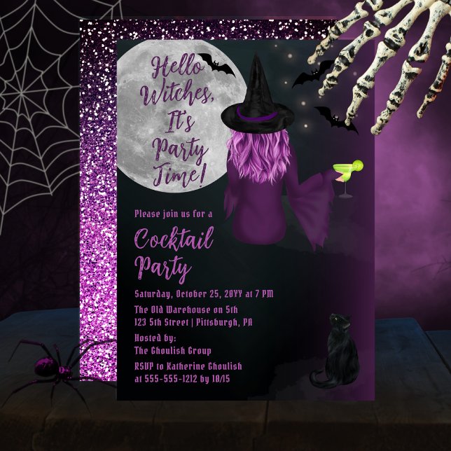 Invitation Hello Witches Halloween Cocktail Party ("Hello Witches, It's Party Time!" Halloween Cocktail Party Invitation - Purple Witch | Faux Glitter)