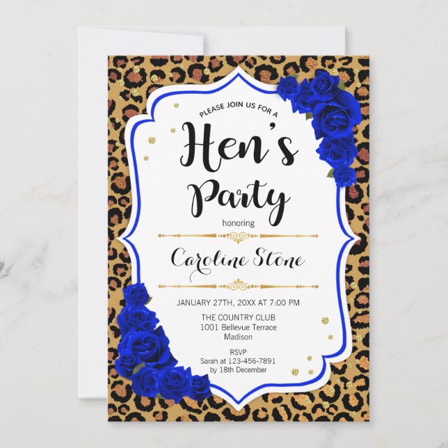 Invitation Hen's Party - Royal Blue Gold Empreinte de léopard (Devant)