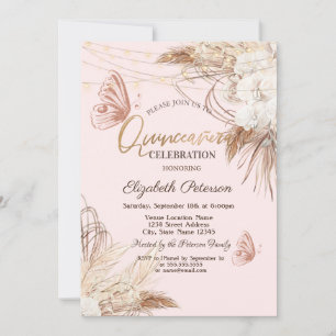 Invitation Herbe des Pampas Fleurs Bohèmes Papillons Quinceañ