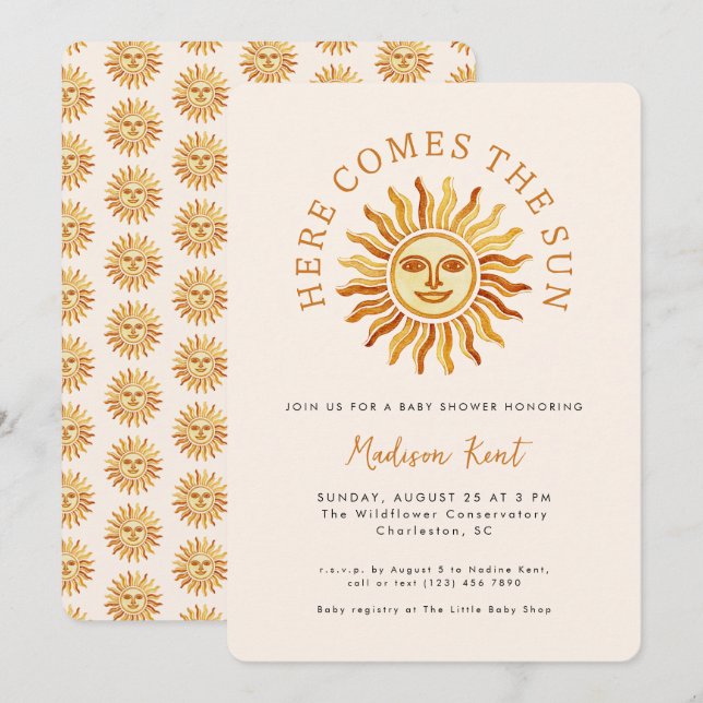 Invitation Here Comes the Sun Modern Boho Sun Baby Shower (Devant / Derrière)