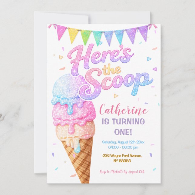 Invitation Here’s the Scoop Ice Cream Birthday Sparkle (Devant)