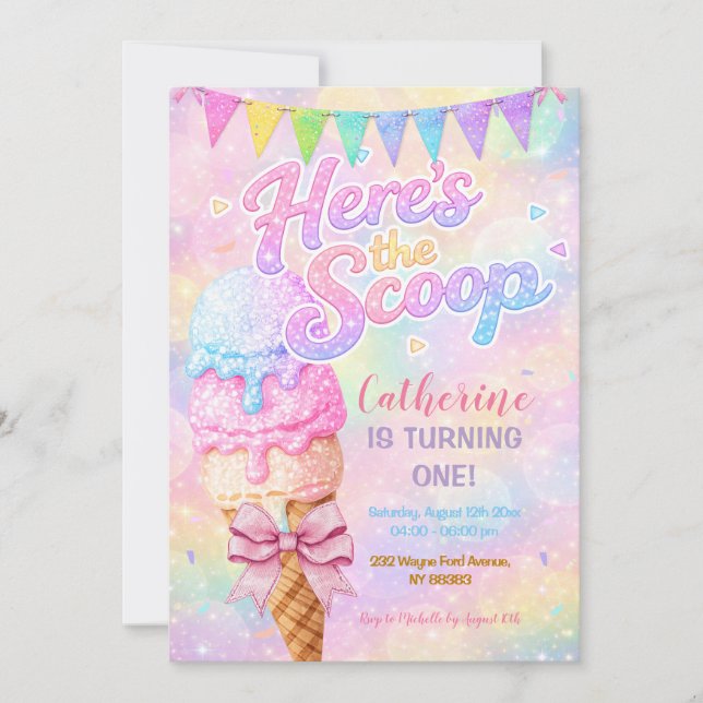 Invitation Here’s the Scoop Pastel Rainbow Glitter Birthday (Devant)