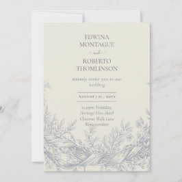 Invitation Heritage Blue Botanical Engraved Elegant Wedding