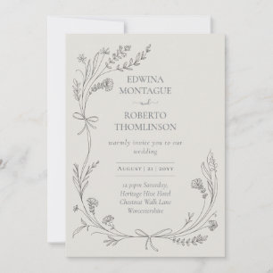 Invitation Heritage Fleur Sauvage et Ruban Ligne Art Élégant