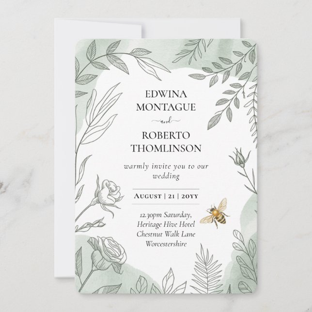 Invitation Heritage Sage Botanical Bee Wedding (Devant)