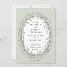 Invitation Heritage Sage Green Botanical Wreath Elegant Weddi