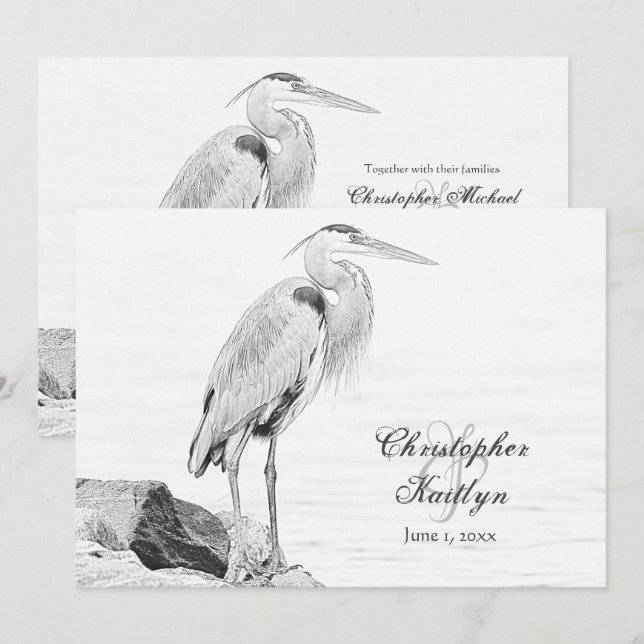 Invitation Héron bleu et rochers, Mariage de croquis d'oiseau (Devant / Derrière)