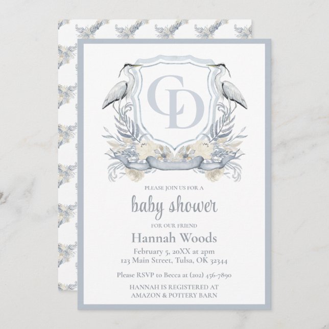 Invitation Heron Interlocking Monogram Baby Shower (Devant / Derrière)