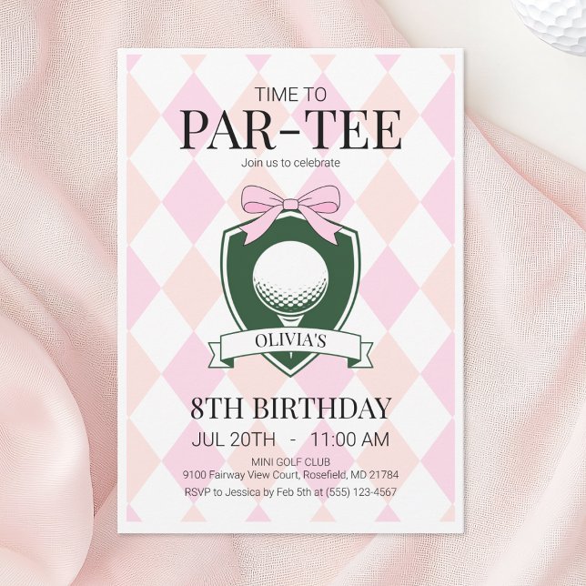 Invitation Heure de Par-Tee Pink Golf 8e fête d'anniversaire (Time to Par-Tee Pink Golf 8th Birthday Party Invitation)