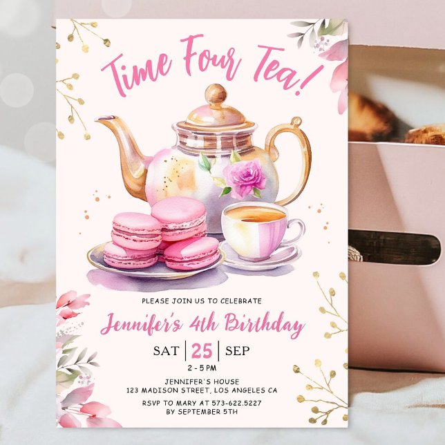 Invitation Heure Quatre Thé ! Fille rose 4e anniversaire Tea  (Créateur téléchargé)