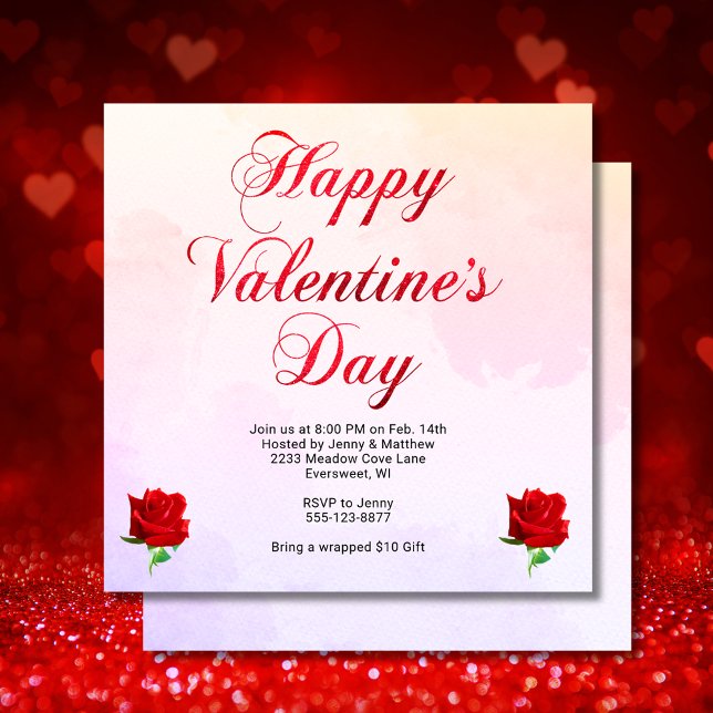 Invitation Heureuse Sainte-Valentin Pastel Red Roses Party SQ (Happy Valentine's Day Pastel Red Roses Party SQ Invitation)
