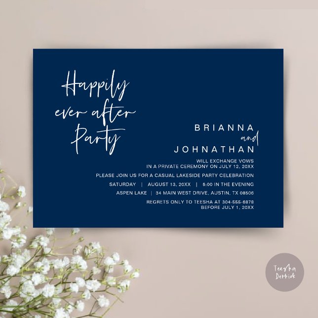 Invitation Heureusement Jamais après la fête de mariage, Navy (Happily Ever After Party Invitation Card, PDF, Modern Wedding Elopement, in Classy Navy Blue)