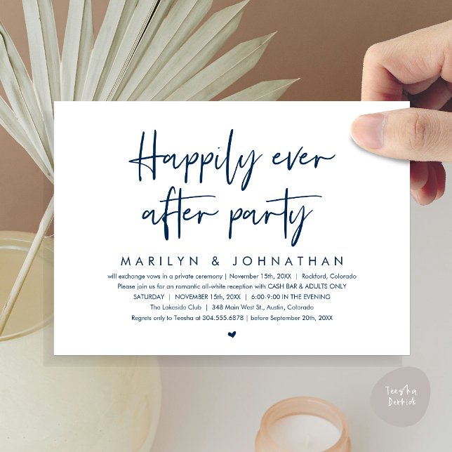 Invitation Heureusement Jamais Après La Fête, Réception De Ma (Happily Ever After Party, Modern Wedding Reception Invitation Card, PDF, Cash Bar in Navy Blue)