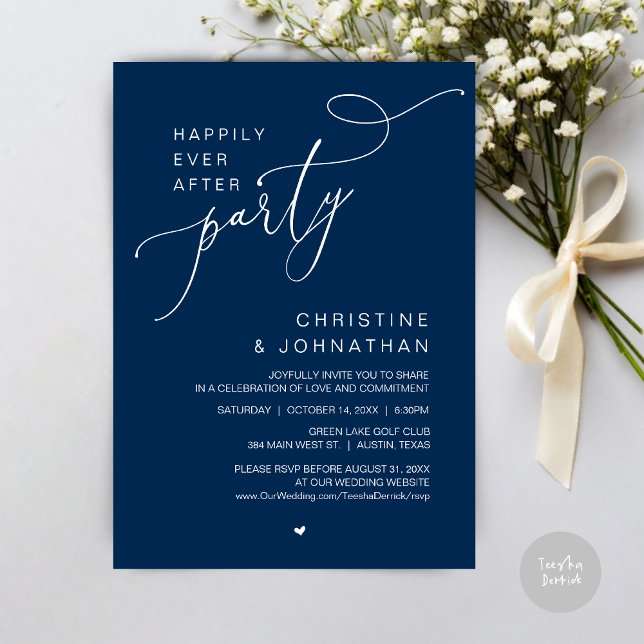Invitation Heureusement Jamais Après Le Dîner De Soirée De Ma (Happily Ever After Wedding Party Romantic Dinner Dancing Invitation Card, PDF, in Navy Blue)