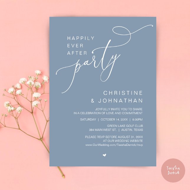 Invitation Heureusement Jamais Après Le Dîner De Soirée De Ma (Happily Ever After Wedding Party Romantic Dinner Dancing Invitation Card, PDF, in Dusty Blue)