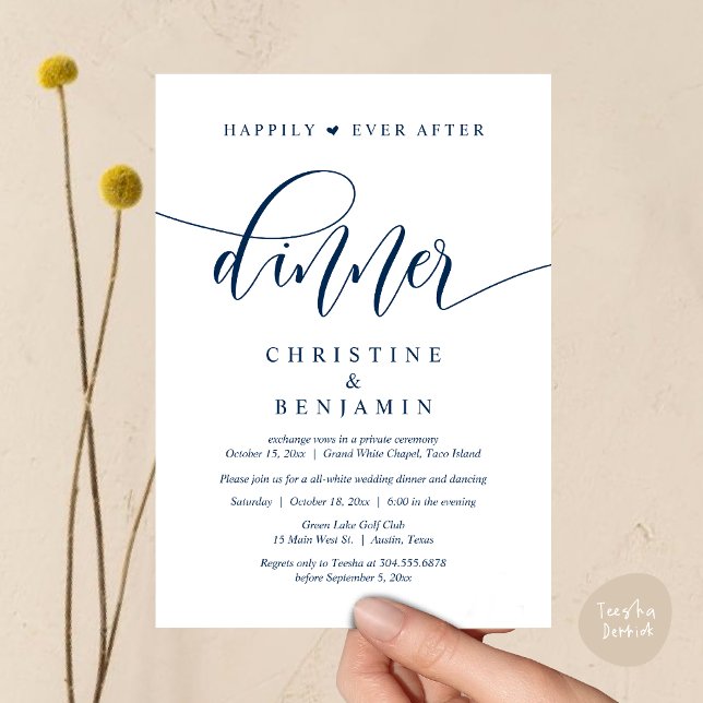 Invitation Heureusement Jamais Après Le Dîner, Mariage Fête D (Happily Ever After Dinner, Wedding Party Dancing Invitation Card PDF Modern Romantic Navy Blue)