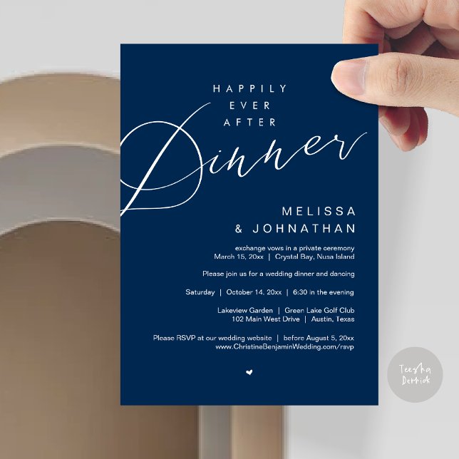 Invitation Heureusement Jamais Après Le Dîner, Mariage Party  (Happily Ever After Dinner Invitation Card, PDF, Modern Romantic Wedding Elopement , in Navy Blue)
