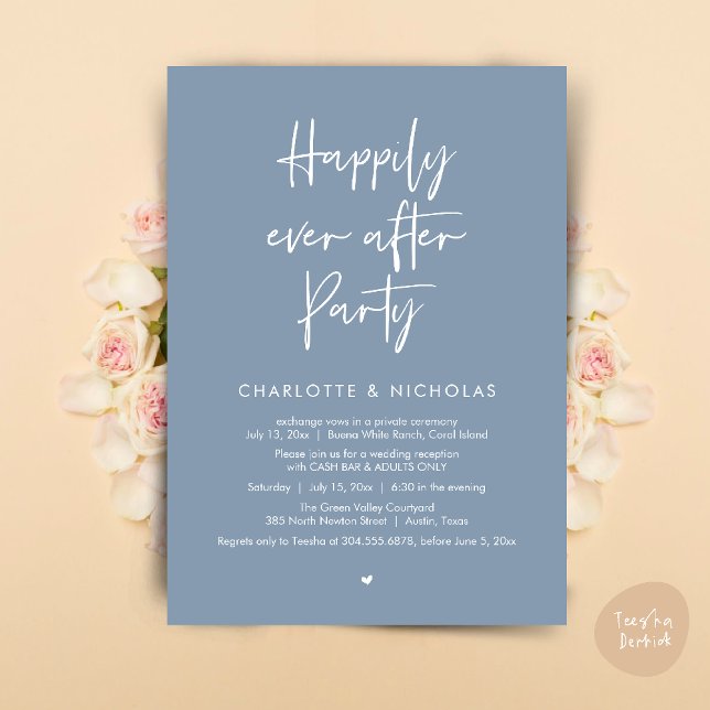 Invitation Heureusement Jamais Après Le Dîner Mariage Party C (Happily Ever After Modern Dinner Wedding Reception Party Cash Bar Invitation Card PDF Dusty Blue)