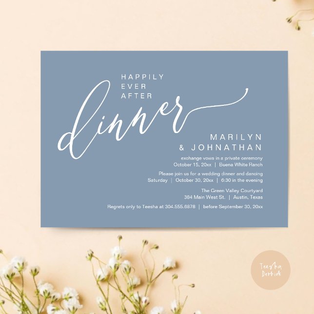 Invitation Heureusement Jamais Après Un Mariage De Fête Récep (Happily Ever After Party Modern Romantic Wedding Reception Dinner Invitation Card PDF Dusty Blue)