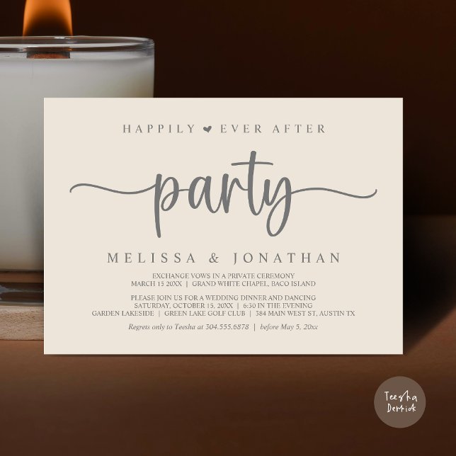 Invitation Heureusement toujours après la fête, String Lights (Happily Ever After Party, Elopement Dinner Dancing, Rustic Cottage Invitation Card, PDF, Cream Grey)