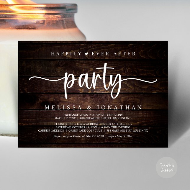 Invitation Heureusement toujours après la fête, String Lights (Happily Ever After Party, Elopement Dinner Dancing, Rustic Cottage Invitation Card, PDF Brown Wood)