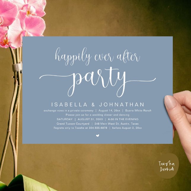 Invitation Heureux Après La Fête, Dîner Mariage Danser (Happily Ever After Party, Wedding Dinner Dancing Invitation Card, PDF, Modern Dusty Blue)
