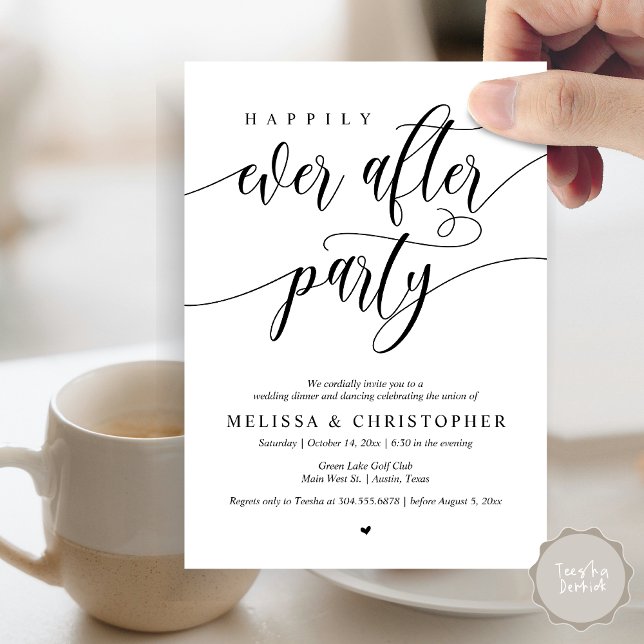 Invitation Heureux Après La Fête, Dîner Mariage Danser (Happily Ever After Party, Wedding Dinner and Dancing Invitation Card, PDF, in Black and White)