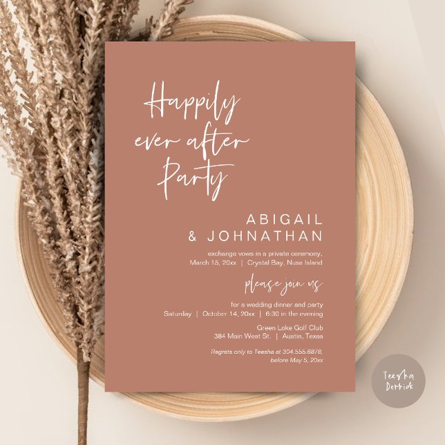 Invitation Heureux Après La Fête, Elopement, Terracotta (Happily Ever After Party, Modern Wedding Elopement, Invitation Card, PDF, in Terracotta Brown)