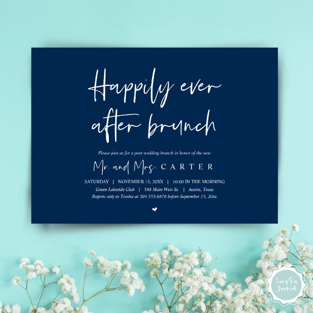 Invitation Heureux après le brunch, mariage post moderne (Happily ever after brunch, Modern post wedding Invitation Card, PDF, in timeless Navy Blue)