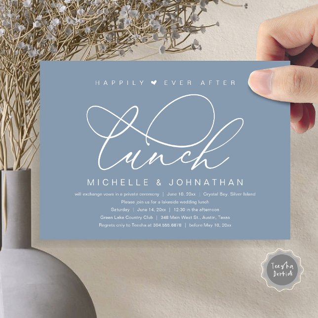 Invitation Heureux Après Le Déjeuner, Parti Romantique Modern (Happily Ever After Lunch Invitation Card, PDF, Wedding Elopement, Romantic Heart Script, Dusty Blue)