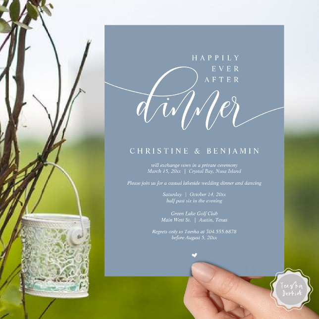 Invitation Heureux Après Le Dîner, Elopement Script Moderne (Happily Ever After Dinner, Modern Wedding Elopement Party Invitation Card, PDF, Dusty Blue)