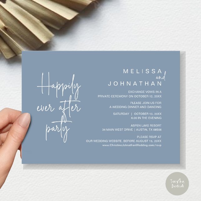 Invitation Heureux Après Le Dîner, Mariage Elopement (Happily Ever After Party, Modern Wedding Elopement Dinner Invitation Card, PDF, in Dusty Blue)