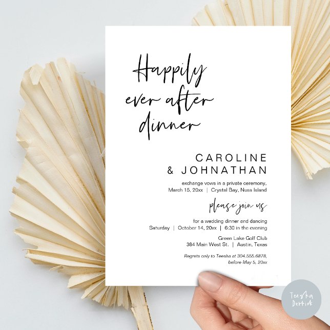 Invitation Heureux Après Le Dîner, Mariage Elopement (Happily Ever After Dinner, Modern Wedding Elopement Party Invitation Card, PDF, in Black and White)