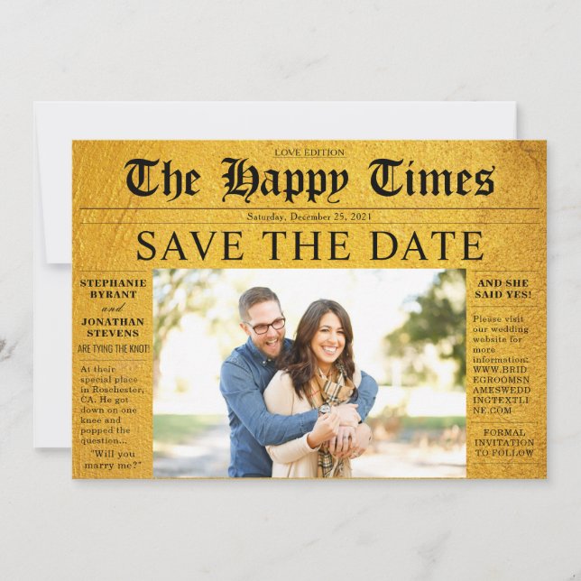 Invitation Heureux Golden News Sauvez La Date Photo Mariage (Devant)