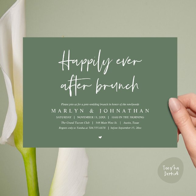 Invitation Heureux Jamais Après Brunch, Mariage Elopement (Happily Ever After Brunch, Modern Romantic Post Wedding Invitation Card, PDF, Greenery sage green)