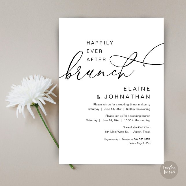 Invitation Heureux Jamais Après Brunch, Mariage Elopement Par (Happily Ever After Brunch Invitation Card, PDF, in Modern Romantic Script, Black and White)