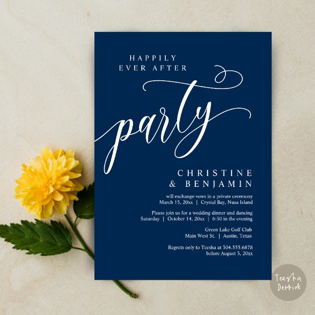 Invitation Heureux Jamais Après La Fête, Elopement Mariage (Happily Ever After Party, Modern Romance Wedding Elopement Invitation Card, PDF, Timeless Navy Blue)