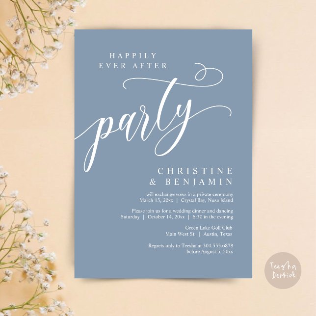 Invitation Heureux Jamais Après La Fête, Elopement Mariage (Happily Ever After Party, Modern Romance Wedding Elopement Invitation Card, PDF, Dusty Blue)