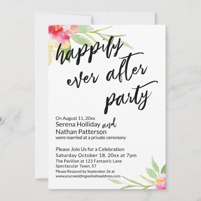 Invitation Heureux Jamais après la fête Floral écriture manus (Devant)