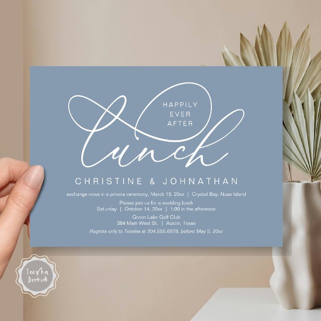Invitation Heureux Jamais Après Le Déjeuner, Mariage Elopemen (Happily Ever After Lunch, Wedding Elopement Invitation Card, PDF, Classy Script, in Dusty Blue)
