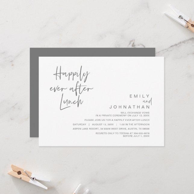 Invitation Heureux Jamais Après Le Déjeuner Mariage, Gris Fon (Devant/Arrière en situation)
